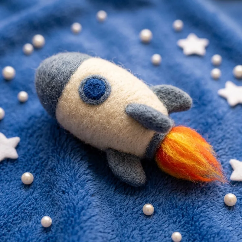 A needle-felted wool rocket with an orange wool flame