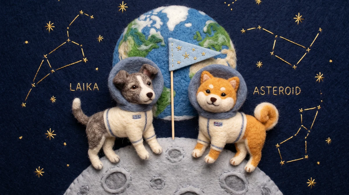 Laika and Asteroid standing on a needle-felted moon with a pennant, the felted Earth behind them